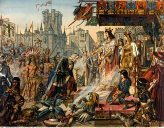 The return of Christopher Columbus to Spain before King Ferdinand II of Aragon and Isabella I of Castile after discovering America. 19th-century engraving