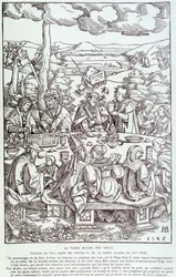 The round table of vices: play, greed, lust, pride... - Engraving 1546