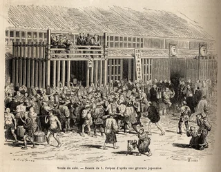 The sale of sake, a bustling auction for the new beverage in the public square