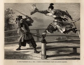 The samurai Yashitsune in balance on the barrier of a bridge, attacks a samurai in armor. Engraving to illustrate the voyage to Japan, in 1863-1864, by Aime Humbert, minister of the Swiss Confederation, in 