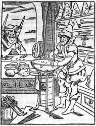 The shop of the apothecary and merchant of ointments and potions in the 16th century, the hairdresser takes care of a client