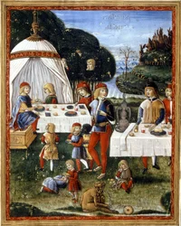 The snack of Maximilian Sforza (1490 - 1530) in the park (15th century manuscript)