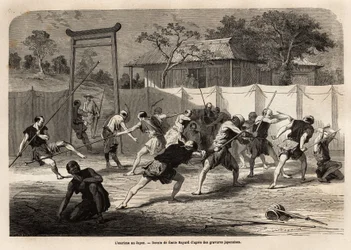 The training of Japanese warriors in sword and spear combat, in a kind of arena surrounded by stretched canvas. Engraving to illustrate the voyage to Japan, in 1863-1864, by Aime Humbert, minister of the Swiss Confederation, in Le tour du monde, nouveau