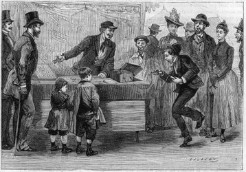 The travelling electrician at the fair de la Villette in Paris: a man is caught in convulsions and cannot release the machine