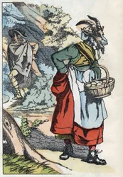 The wolf is looking for the goat leaving his home. Illustration of the tale 