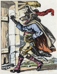 The wolf knocks on the door of the biquet house. Illustration of the tale 