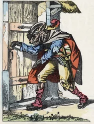 The wolf knocks on the door of the biquet house. Illustration of the tale 