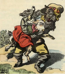 The wolf runs away with little kid. Illustration of the tale 