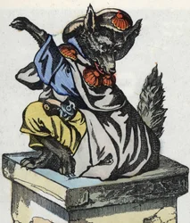 The wolf sits on the chimney. Illustration of the tale 