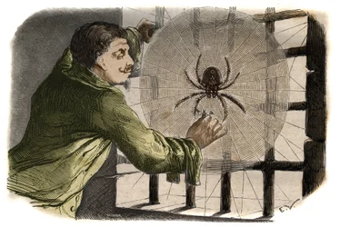 The writer Paul Pellisson tames a spider during his imprisonment at the Bastille. Engraving from 1858 in 
