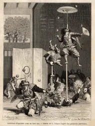 Theatre Saltimbanks: jugglers, equiibrists and acrobats, the ones, are typical of the Edo region (Tokyo), recognizable by their balancing tricks with false nose of manure, the main attribute of the divinity Tengu, patron of these saltibanks. Engraving to i