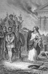 Third Punic War: suicide of the wife of a Carthaginian general. Engraving, 1884