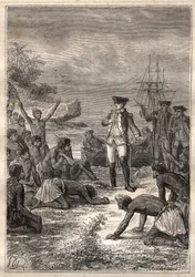 Third voyage (1776-1779) by Captain James Cook: Cook is welcomed by the natives (Hawaii) - illustration taken from The Great Mariners of the 18th century