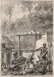Third voyage (1776-1779) by Captain James Cook (1728-1779): human sacrifice to Tahiti - illustration taken from 