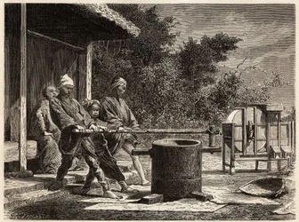 Three peasants operating the rice mill. Engraving to illustrate the voyage to Japan in 1863-1864, by Aime Humbert, minister of the Swiss Confederation, in 