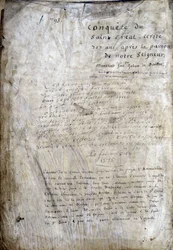 Title page of a manuscript: Conquest of the Saint Gréal, written 717 years after the passion of our lord. Bibliotheque municipale de Rennes, ms. 255 (Collection of novels of the Round Table)
