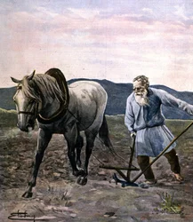 Tolstoy plowing. Engraving late 19th century.
