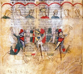 Tournament scene after the manuscript “Lancelot du Lac”, 13th century. Biblioteca Nazionale Marciana, Venice.