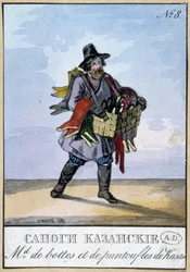 Travelling merchant of boots and slippers by Kasan - Engraving of the 19th century