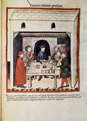 Treat a doctor: red wine, group of men in a tavern drinking wine. Page taken from Tacuinum sanitatis (Cod. ser. nov. 2644) Around 1400