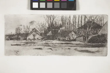 Pool In Front Of A Village With An Allee Of Poplars