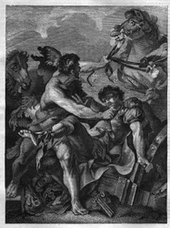 Twelve works of Hercules: Diomede killed by Hercules and eaten by his own horses. Engraving after the painting of Jean-Baptiste-Marie Pierre (1714-1789)