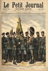 Uniforms of the Russian infantry, allied to France, from left to right: the border guard, the sergeant major of the guards, the Pavlowski regiment, the officer, the superior officer, the palace grenadier, the artillery uniform, and the soldier. Engraving