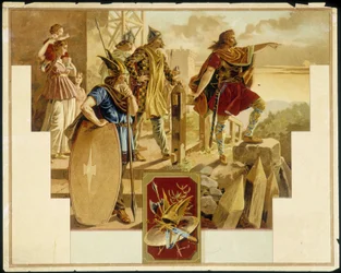 Vercingetorix surrounded by Gauls, warriors, woman and children - Chromolithography