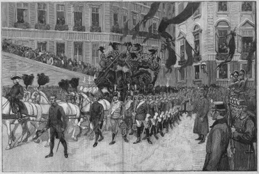 Vienna 1889: The funeral of Prince Rodolph (Archduke Rodolph of Habsburg, 1858-1889), Crown Prince of Austria. The procession in front of the French embassy
