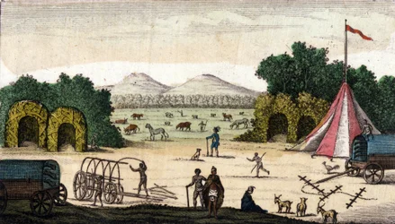 View of a Dutch Camp in Pampoen Kraal, Cape Province, South Africa. 1860