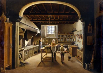 View of a kitchen: people are busy