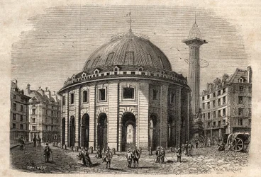 View of Halle au Ble in Paris and the Medici column, engraving early 19th century