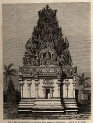 View of one of the gombrooons or porticos of a Pondichery pagoda (Pondicherry) (India). Engraving to illustrate an expedition to the pagoda of Chillambaran (Coromandel coast), from 1838 to 1844, by the counteradmiral Paris, director of the depot des cartes