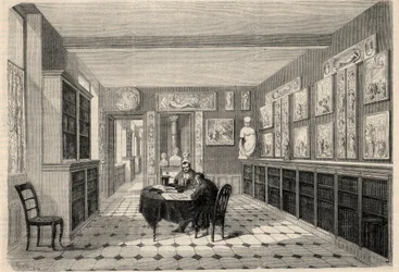 View of the Victor Cousin library at the Sorbonne University in Paris. Engraving in 