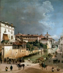 View of the canal between Porta Romana bridge and hospital bridge in Milan