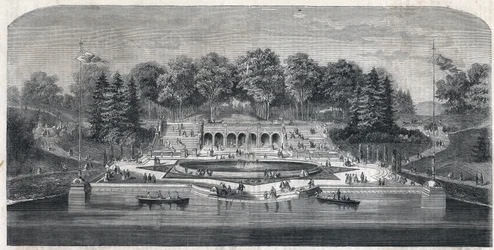 View of the garden Central Park in New York, United States. Architecture by Frederick Law Olmsted (1822-1903) and (1824-1895) in the Manhattan district. Engraving in The Illustrious Universe
