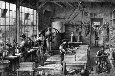 View of the interior of a Seltz water plant (carbonated water): it is prepared thanks to a strong pressure inside a bottle called Siphon. Different stages, manufacturing, and bottling. Engraving