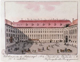 View of the part of the Imperial Palace named the Old Court in Vienna. Austria. Engraving from 1815 Private Collection