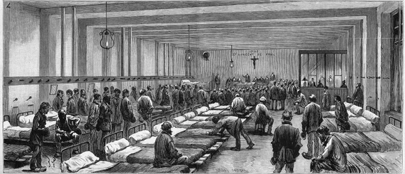 View of the shelter of the Hospitalite by night at 59 rue de Tocqueville in Paris