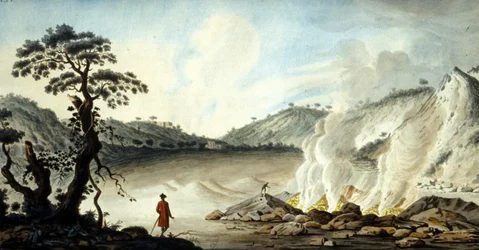 View of the solfatare, volcanic terrain emanating from hot fumes and sulphur gases. Pozzuoli near Naples. 19th century
