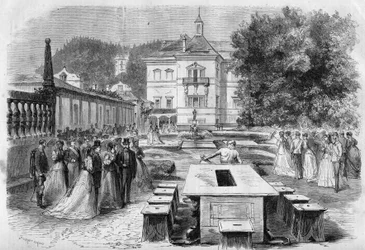 Visit of Emperor Francois-Joseph and Impress Elisabeth of Austria (Sissi) with Eugenie, Impress of the French and Napoleon III to the imperial residence of Hellbrunn in Austria on August 21