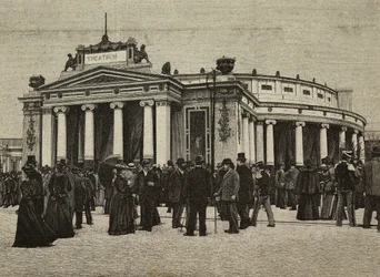 Visitors in front of Teatro Pompeiano at United Exhibitions, Milan, Italy, engraving from photograph by Treves brothers from L