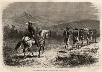 Volunteers on their way to Cali, a long line of men with their hands tied behind their back, connected by a rope to each other, a rope held by a soldier on horseback, who takes them to a military training camp. Engraving to illustrate the voyage to New Gra