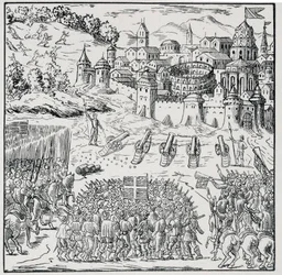 War of Religions: The City of Nîmes Besieged by the Army of the King (Henry III) in 1576 - in Collection of 39 Figures Representing the Calamities of France from 1562 to 1586 by Louis Perrin Imprimerie