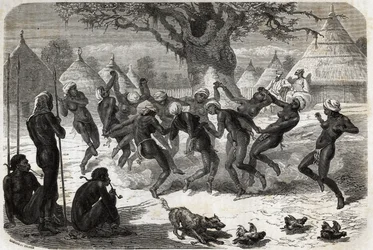 Welcome dance by the women of the tribe, upon the return of Baker and his wife from Lake Albert. Engraving to illustrate the voyage to Lake Albert, in 1861-1864, of Sir Samuel White Baker, in 