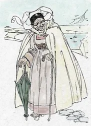 World War I: A German Spy Disguised as an Old Woman from the Vendée, with an Umbrella Telescope and a Cane Taking Photographs