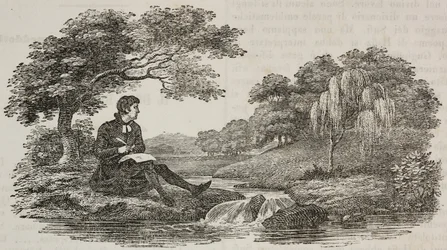 Writer under tree in front of stream, illustration from Teatro universale, Raccolta enciclopedica e scenografica