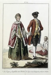 A Black person and a Spanish person give birth to a mulatto - engraving