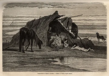 A camp of nomadic gypsies in the plains of northern Bosnia. Engraving to illustrate the memories of travel among the southern Slavs, by Georges Perrot, in 1868, published in Le tour du monde 1870-1871, edited by Edouard Charton, edition Hachette, Paris
