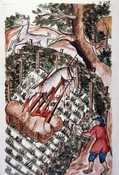 A deer falls into the trap of hunters, from the book Trujillo del Peru or Codice Martinez Compañón, by Baltazar Martinez Compañón y Bujanda, bishop of Trujillo (1782-1785)